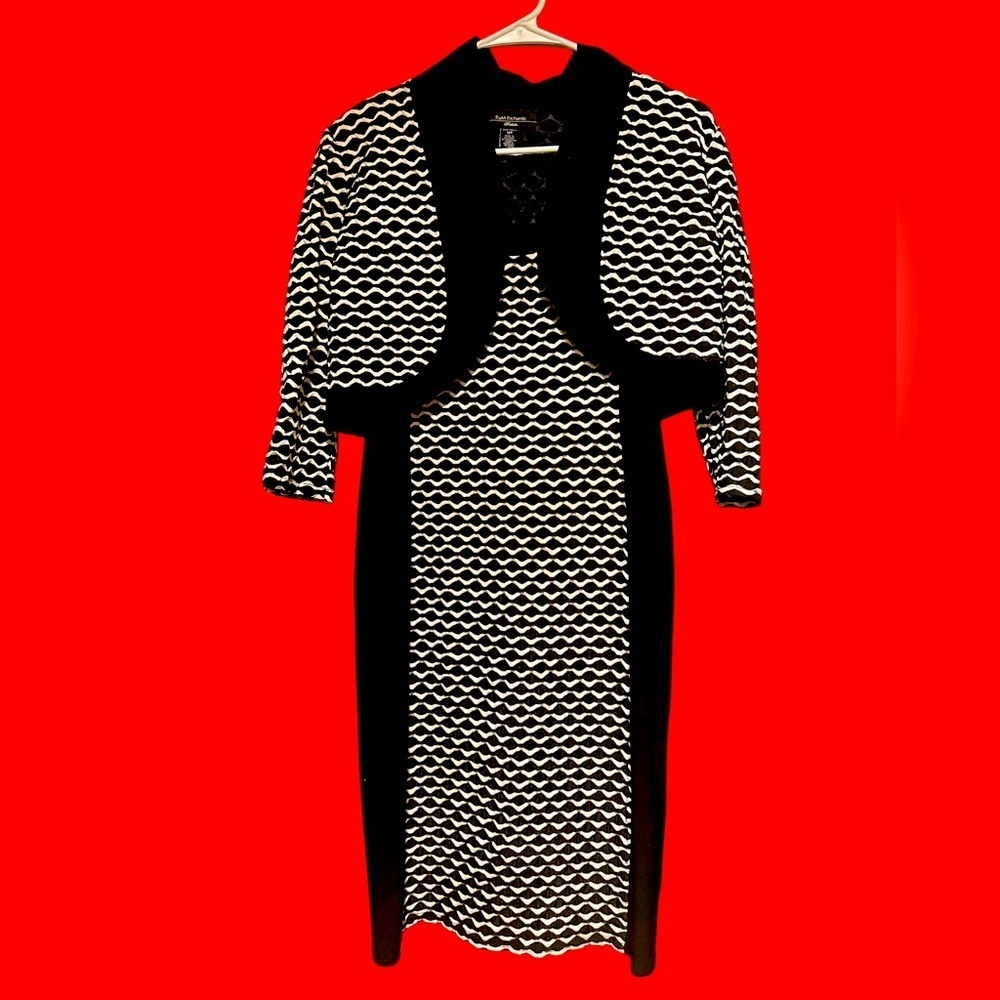 R&M Richards Black and White Dress With Long Sleeve Cropped Jacket
